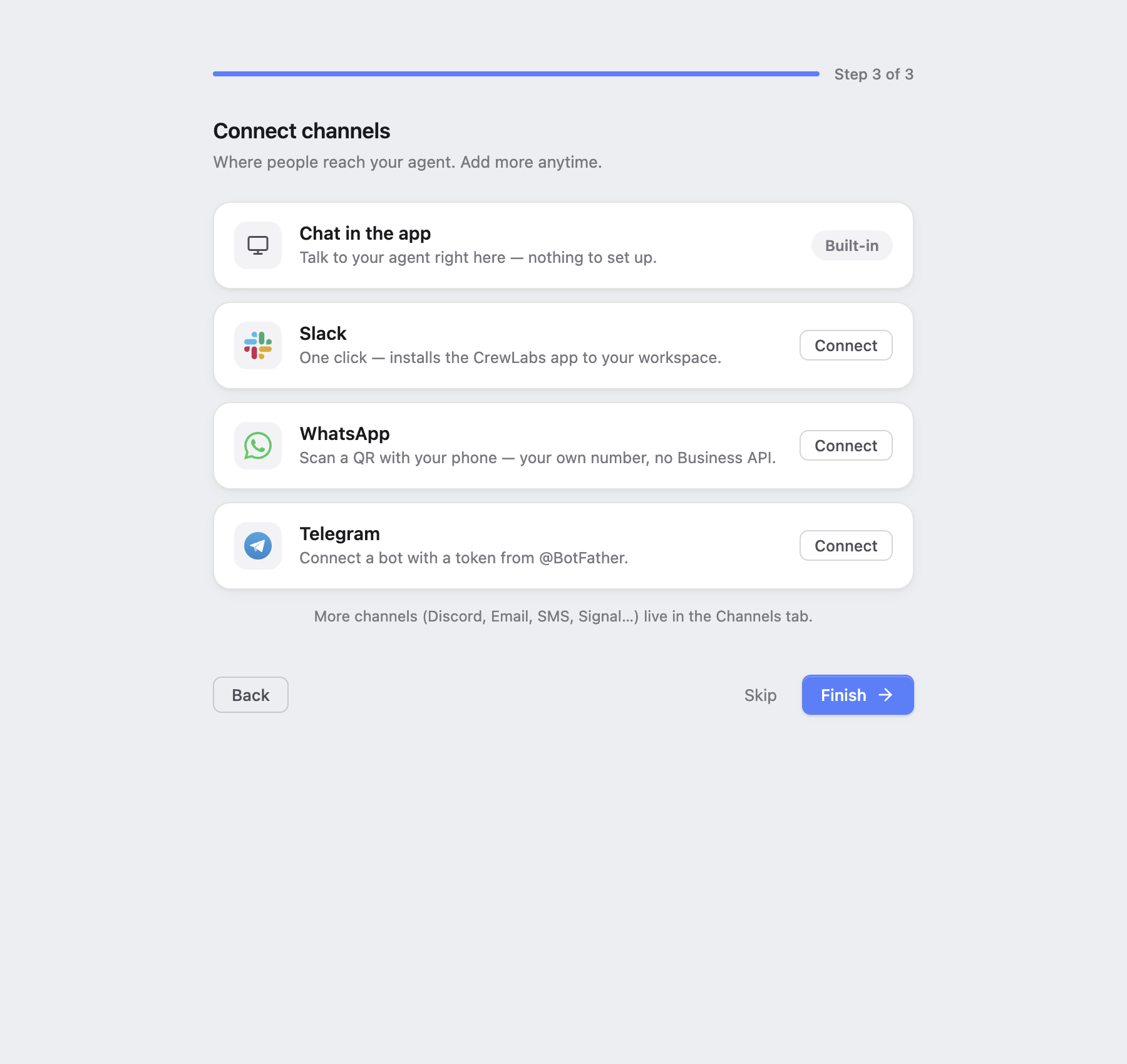 CrewLabs Desktop channel connection step